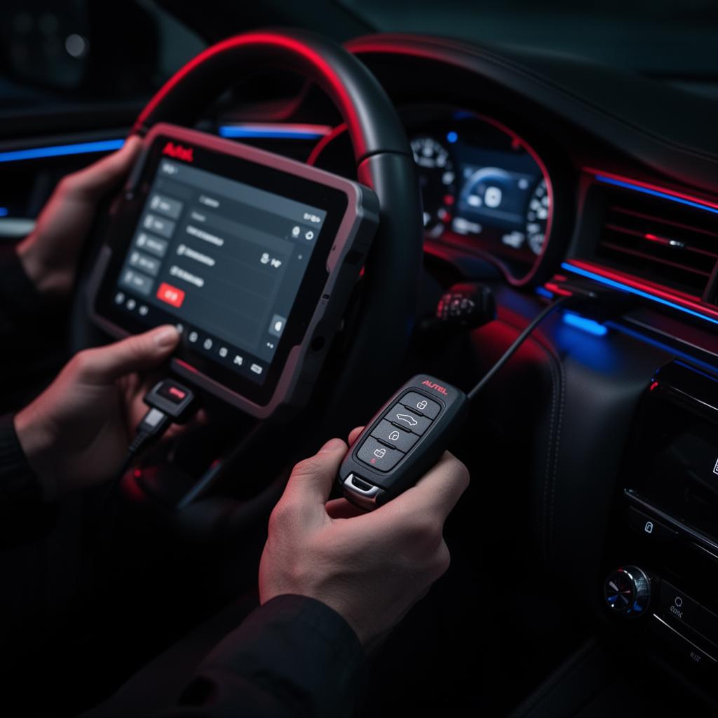 Locksmith programming a car key with diagnostic tool